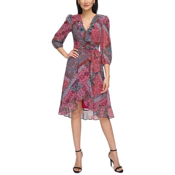 NWT Jessica Howard Womens Petite Floral Wrap Chiffon V Neck Midi Dress Size 4P - Picture 1 of 5